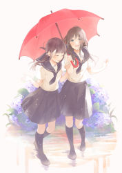 Rule 34 | 2girls, black footwear, black hair, black neckerchief, black skirt, black socks, commentary request, cupping hand, flower, full body, green eyes, hand on another&#039;s arm, holding, holding own arm, holding umbrella, hydrangea, kneehighs, long hair, looking at viewer, millcutto, multiple girls, neckerchief, open mouth, original, outdoors, pleated skirt, puddle, red umbrella, school uniform, scrunchie, serafuku, shared umbrella, shoes, short sleeves, skirt, socks, twintails, umbrella