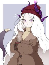 Rule 34 | 1girl, alternate costume, beanie, blue archive, brown coat, brown gloves, brown sweater, can, coat, gloves, hair ornament, hairclip, hat, highres, hina (blue archive), holding, holding can, horns, horns through headwear, long hair, looking at viewer, notice lines, open mouth, pink eyes, red hat, solo, steam, sweater, turtleneck, turtleneck sweater, uni gyoza, upper body, very long hair, white hair, wings