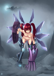Rule 34 | 1girl, absurdres, breasts, female focus, highres, long hair, looking at viewer, mecha musume, navel, nipples, nude, original, pussy, red eyes, red hair, silent-fly, small breasts, smile, solo, twintails, uncensored