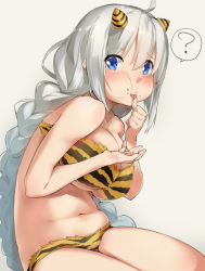 Rule 34 | 1girl, ?, ahoge, alternate costume, animal print, belly, bikini, bikini bottom only, blue eyes, blush, braid, breasts, cheek bulge, collarbone, cowboy shot, food, food on face, highres, horns, hunched over, kanzen bouon, kizuna akari, large breasts, leaning forward, licking, long hair, looking at viewer, mamemaki, navel, oni costume, oni horns, plump, setsubun, sidelocks, simple background, sitting, solo, speech bubble, strapless, strapless bikini, swimsuit, thighs, tiger print, tiger print bikini, tongue, tongue out, twin braids, twintails, underboob, very long hair, voiceroid, white background, white hair