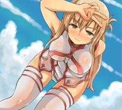Rule 34 | 10s, 1girl, asuna (sao), blush, breasts, brown eyes, brown hair, cloud, cloudy sky, day, dutch angle, dyson (edaokunnsaikouya), dyson giga drain, hand on own head, large breasts, leaning forward, long hair, panties, see-through, see-through silhouette, sky, solo, sword art online, thighhighs, underwear, v, white panties, white thighhighs