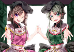 Rule 34 | 2girls, :d, absurdres, back bow, backlighting, black bow, black headwear, bow, breasts, brown hair, buttons, commentary request, cowboy shot, dress, frilled shirt collar, frills, green dress, green eyes, green hair, hat, highres, holding hands, interlocked fingers, long hair, looking at viewer, mahoro (minase mahoro), medium breasts, multiple girls, nail polish, nishida satono, one eye closed, open mouth, outstretched arm, outstretched hand, pink dress, purple eyes, smile, tate eboshi, teeth, teireida mai, touhou, upper teeth only