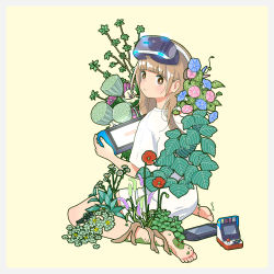 Rule 34 | 1girl, absurdres, barefoot, blue flower, blunt bangs, branch, brown eyes, brown hair, flower, from behind, hairband, handheld game console, head-mounted display, highres, holding, holding handheld game console, long hair, looking at viewer, looking back, nintendo switch, original, pink flower, plant, red flower, shirt, simple background, solo, white hairband, white shirt, yellow background, yellow flower, yoshimon