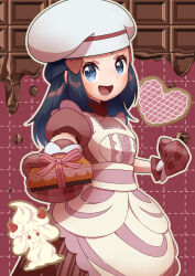 Rule 34 | 1girl, :d, absurdres, alcremie, alcremie (strawberry sweet), apron, black hair, box, buttons, chef hat, clenched hand, commentary request, creatures (company), dawn (palentine&#039;s 2021) (pokemon), dawn (pokemon), dress, eyelashes, game freak, gen 8 pokemon, gift, gift box, grey eyes, hair ornament, hairclip, happy, hat, highres, long hair, looking at viewer, nintendo, official alternate costume, open mouth, oven mitts, pokemon, pokemon masters ex, red dress, refisa, ribbon, short sleeves, sidelocks, smile, tongue, white headwear