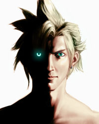 Rule 34 | 1990s (style), 1boy, blonde hair, blue eyes, cloud strife, earrings, final fantasy, final fantasy vii, glowing, glowing eye, glowing eyes, green eyes, jewelry, male focus, manly, portrait, realistic, retro artstyle, shadow, simple background, solo, spiked hair, tom waterhouse, white background