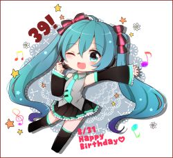 Rule 34 | 1girl, 39, ;d, aqua eyes, aqua hair, beamed quavers, blush, bow, chibi, crossed bangs, dated, detached sleeves, full body, hair between eyes, hair bow, happy birthday, hatsune miku, headset, higasa hinowa, long hair, musical note, necktie, one eye closed, open mouth, outstretched arm, quaver, skirt, smile, solo, star (symbol), thighhighs, tie clip, treble clef, twintails, very long hair, vocaloid, white background