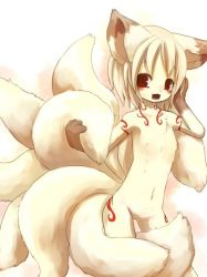 Rule 34 | 1girl, :3, amaterasu (ookami), animal ears, breasts, fang, flat chest, fox, fox ears, furry, furry female, kishibe, nipples, ookami (game), personification, small breasts, solo, tail, white hair