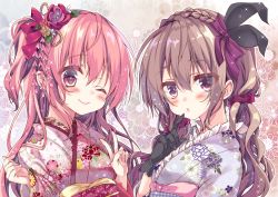 Rule 34 | 2girls, ;), arms up, black gloves, blush, bow, braid, commentary request, curly hair, finger to mouth, floral print, flower, french braid, frilled kimono, frills, gloves, hair bow, hair flower, hair ornament, hair scrunchie, highres, honoka chiffon, japanese clothes, kimono, light brown hair, lipstick, long sleeves, looking at viewer, makeup, moka (honoka chiffon), multiple girls, one eye closed, one side up, original, pink hair, portrait, purple eyes, purple kimono, purple scrunchie, red kimono, rose (honoka chiffon), sash, scrunchie, sidelocks, smile, v
