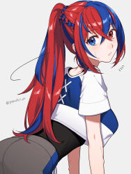 Rule 34 | 1girl, alear (female) (fire emblem), alear (fire emblem), ass, black undershirt, blue eyes, blue hair, blue shirt, braid, breasts, commentary request, crop top, crop top overhang, cropped shirt, crossed bangs, fire emblem, fire emblem engage, french braid, from side, grey pants, hair between eyes, heterochromia, highres, large breasts, leaning forward, long bangs, long hair, looking at viewer, looking to the side, multicolored hair, nintendo, official alternate costume, official alternate hairstyle, pants, parted lips, peach11 01, ponytail, red eyes, red hair, shirt, short sleeves, simple background, solo, sweat, sweatpants, twitter username, two-tone hair, two-tone shirt, white shirt, workout clothes