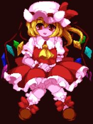 Rule 34 | 1girl, ascot, blonde hair, bobby socks, brown footwear, collared shirt, crystal, daime fusonzai, flandre scarlet, frilled shirt collar, frilled skirt, frills, full body, knees together feet apart, long hair, lowres, multicolored wings, open mouth, pink headwear, pink shirt, pixel art, puffy short sleeves, puffy sleeves, red eyes, red ribbon, red skirt, red vest, ribbon, shirt, short sleeves, skirt, skirt set, sleeve ribbon, socks, solo, touhou, transparent background, vest, wings, yellow ascot