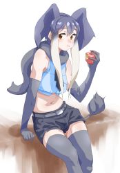 Rule 34 | 1girl, :i, african elephant (kemono friends), animal ears, apple, bare shoulders, belt, black shorts, blue shirt, brown eyes, commentary, eating, elbow gloves, elephant ears, elephant tail, food, fruit, gloves, gradient hair, grey hair, grey scarf, grey thighhighs, highres, kemono friends, looking at viewer, midriff, multicolored hair, navel, scarf, shirt, short hair with long locks, short shorts, shorts, simple background, sleeveless, sleeveless shirt, solo, tanabe (fueisei), thighhighs, white background, white hair