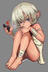 Rule 34 | 1girl, ankle wrap, bandages, barefoot, blue eyes, cigarette, colored eyelashes, dress, elf, feet, female focus, fire, fire, grey background, grey hair, highres, holding, lighter, looking at viewer, original, panties, parted lips, pointy ears, sharp teeth, simple background, sitting, smoke, smoking, solo, strap slip, teeth, toes, twitter username, underwear, waa153, wrist wrap