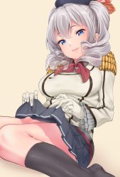 Rule 34 | 10s, 1girl, beret, black eyes, blue eyes, blush, breasts, clothes lift, epaulettes, female focus, gloves, hat, highres, hisayaki kyuu, kantai collection, kashima (kancolle), kneehighs, large breasts, long hair, looking at viewer, military, military uniform, miniskirt, open mouth, sidelocks, silver hair, sitting, skirt, skirt lift, smile, socks, solo, tsurime, twintails, uniform, wariza, wavy hair, white gloves