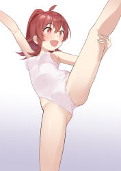 Rule 34 | 1girl, ahoge, ballerina, breasts, commentary request, cowboy shot, gradient background, grey background, highres, idolmaster, idolmaster shiny colors, komiya kaho, kumanomi, leg up, leotard, long hair, ponytail, red eyes, red hair, small breasts, smile, solo, split, standing, standing on one leg, standing split, white background, white leotard