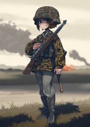 Rule 34 | 1girl, battle rifle, bolt action, boots, brown hair, burning, camouflage, camouflage headwear, camouflage jacket, cloud, cloudy sky, commission, erica (naze1940), grass, gun, helmet, highres, jacket, keiita, mauser 98, original, rifle, shaded face, sky, smoke, solo, weapon, weapon request, world war ii