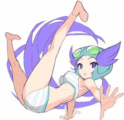 Rule 34 | 10s, 1girl, ass, blue eyes, bra, breasts, creatures (company), game freak, goggles, gym leader, helmet, long hair, nintendo, open mouth, outstretched arm, outstretched hand, panties, pokemon, pokemon oras, purple hair, saitou naoki, simple background, sketch, solo, striped bra, striped clothes, striped panties, underwear, underwear only, white background, white bra, white panties, winona (pokemon)