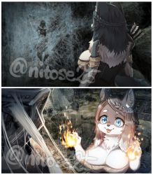 Rule 34 | 1boy, 1girl, 2koma, 3d background, :3, ?, animal ear fluff, animal ears, animal hands, animal nose, arrow (projectile), artist name, arvel the swift, black fur, black hair, blue eyes, body fur, border, braid, breasts, cave, cleavage, comic, covered erect nipples, dress, fangs, fire, from behind, furry, furry female, hands up, happy, helmet, large breasts, long hair, multicolored hair, multiple views, nyifu, off-shoulder dress, off shoulder, open mouth, original, pawpads, pyrokinesis, short sleeves, sidelocks, silk, single braid, smile, snout, spider web, standing, stuck, swept bangs, tail, the elder scrolls, the elder scrolls v: skyrim, tongue, tongue out, twitter username, two-tone fur, two-tone hair, upper body, watermark, white border, white fur, white hair, wolf ears, wolf girl, wolf tail
