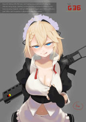 Rule 34 | 1girl, :q, absurdres, alternate breast size, apron, assault rifle, black dress, black gloves, blonde hair, blue eyes, braid, braided bangs, breasts, character name, cleavage, commentary, dress, english commentary, english text, fingerless gloves, g36 (girls&#039; frontline), girls&#039; frontline, gloves, grey background, gun, h&amp;k g36, hair between eyes, highres, juliet sleeves, kion-kun, large breasts, licking lips, long sleeves, looking at viewer, maid, maid headdress, navel, puffy sleeves, rifle, seductive smile, short hair, signature, simple background, smile, solo, standing, steam, sweat, tongue, tongue out, waist apron, weapon, white apron