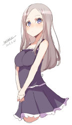 Rule 34 | 1girl, bare arms, bare shoulders, black dress, blush, breasts, brown hair, closed mouth, cropped legs, dated, dress, forehead, long hair, maze (gochama ze gohan), medium breasts, original, own hands together, parted bangs, pleated dress, purple eyes, signature, simple background, sketch, sleeveless, sleeveless dress, solo, v arms, white background