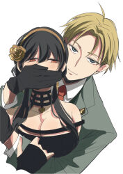Rule 34 | 1boy, 1girl, alex (sandora), bare shoulders, black hair, blonde hair, blue eyes, blush, breasts, cleavage, closed mouth, covering another&#039;s mouth, dress, earrings, fingerless gloves, formal, gagged, gloves, half-closed eyes, hand gagged, hand on another&#039;s arm, hand over another&#039;s mouth, hand over another's mouth, headband, hetero, highres, husband and wife, jewelry, large breasts, long sleeves, necktie, parted bangs, red eyes, sidelocks, sleeveless, sleeveless dress, spy x family, suit, twilight (spy x family), white background, yor briar