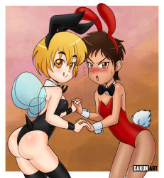 Rule 34 | 2girls, angry, animal ears, antennae, arthropod girl, ass, bee girl, bee wings, black legwear, black leotard, blonde hair, blush, bow, bowtie, breasts, brown background, brown eyes, brown hair, cleavage, dakunart, dark-skinned female, dark skin, detached collar, earrings, fake animal ears, fishnets, flying sweatdrops, from behind, highres, holding hands, insect girl, insect wings, jewelry, leotard, licking lips, looking at viewer, looking back, medium breasts, mely, multiple girls, open mouth, pantyhose, pink background, playboy bunny, rabbit ears, rabbit tail, red leotard, short hair, small breasts, smile, standing, stringer, striped neckwear, sweat, tail, thighhighs, tongue, tongue out, two-tone background, wings, wrist cuffs, wristband, xiomara (dakunart), yellow neckwear