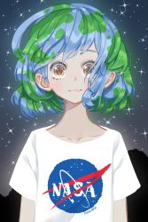 Rule 34 | 1girl, :3, artist name, bad id, bad twitter id, blue hair, brown eyes, collarbone, commentary, earth-chan, green hair, highres, looking at viewer, making-of available, multicolored hair, nasa, nasa logo, nyanafk, original, shirt, short hair, smile, solo, t-shirt, two-tone hair, upper body
