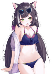 Rule 34 | 1girl, absurdres, animal ear fluff, animal ears, arm support, bikini, black hair, blue bikini, breasts, cat ears, cat girl, closed eyes, collarbone, cowboy shot, eyewear on head, fang, green eyes, highres, karyl (princess connect!), karyl (summer) (princess connect!), long hair, looking at viewer, low twintails, medium breasts, multicolored hair, navel, open mouth, princess connect!, rui p, simple background, solo, streaked hair, sunglasses, sunglasses on head, swimsuit, twintails, white background, white hair