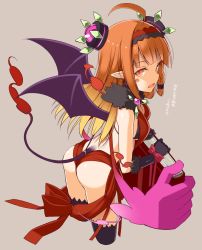 Rule 34 | 1girl, ahoge, ass, black gloves, black thighhighs, blush, demon tail, demon wings, earrings, from side, fur, gloves, gradient hair, hairband, headgear, highres, jewelry, long hair, looking at viewer, matching hair/eyes, million arthur (series), multicolored hair, ohta yuichi, orange eyes, orange hair, pointy ears, simple background, slit pupils, solo, tail, thighhighs, wings