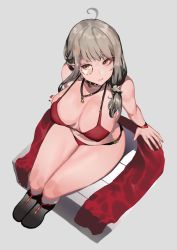 Rule 34 | 1girl, ahoge, bad id, bad twitter id, bikini, black footwear, blush, boots, breasts, brown eyes, cleavage, from above, girls&#039; frontline, grey background, grey hair, hair between eyes, hair ornament, helianthus (girls&#039; frontline), highres, ihobus, large breasts, long hair, looking at viewer, monocle, nail polish, red bikini, red nails, simple background, sitting, solo, swimsuit, thighs, wristband