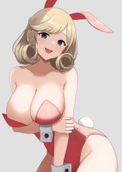 Rule 34 | 1girl, :d, absurdres, animal ears, arm under breasts, armpit crease, bare shoulders, blonde hair, blush, breasts, collarbone, commentary, cowboy shot, curly hair, fake animal ears, fake tail, green eyes, grey background, hand on own arm, haruka (senran kagura), head tilt, highres, large breasts, leaning forward, leotard, looking at viewer, medium hair, open mouth, playboy bunny, rabbit ears, rabbit tail, red leotard, senran kagura, simple background, smile, solo, standing, strapless, strapless leotard, surippa1010, swept bangs, tail, wrist cuffs