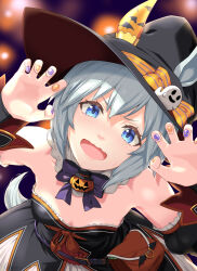Rule 34 | 1girl, alternate costume, animal print, bag, bat print, belt, black belt, black dress, black hat, black sleeves, blue eyes, blurry, blurry background, blush, bow, bowtie, breasts, breasts apart, brown bag, claw pose, commentary request, cowboy shot, detached sleeves, dress, ear covers, fingernails, from above, ghost hat ornament, grey hair, halloween, halloween costume, hat, hat bow, highres, horse girl, horse tail, looking at viewer, masaki shino, medium bangs, medium breasts, nail polish, open mouth, orange bow, orange nails, pouch, purple bow, purple bowtie, purple nails, seiun sky (umamusume), short hair, single ear cover, smile, solo, strapless, strapless dress, striped, striped bow, tail, umamusume, witch hat