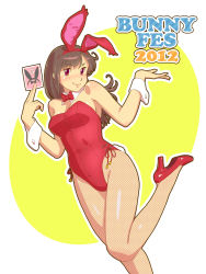 Rule 34 | 10s, 1girl, 2012, animal ears, bare shoulders, blush, bow, bowtie, breasts, brown hair, rabbit ears, rabbit tail, playboy bunny, card, detached collar, fake animal ears, female focus, fishnet pantyhose, fishnets, fukusuke hachi-gou, high heels, highres, holding, leg lift, leg up, long hair, original, pantyhose, playing card, red eyes, shoes, shrugging, smile, solo, tail, wrist cuffs