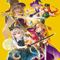 Rule 34 | 5girls, apron, bare legs, black footwear, black hat, black ribbon, black skirt, blonde hair, blue eyes, bracelet, breasts, broom, brown hat, cape, chinese clothes, closed mouth, dual wielding, earmuffs, green eyes, green hat, green skirt, grin, hair ribbon, hat, holding, holding sword, holding weapon, hong meiling, jewelry, katana, kicking, kirisame marisa, konpaku youmu, large breasts, long sleeves, long tongue, looking at viewer, moriya suwako, multiple girls, ofuda, outstretched arm, pelvic curtain, pointy hair, purple skirt, red eyes, red hair, red ribbon, ribbon, shoes, sidelocks, silver hair, skirt, skirt set, smile, star (symbol), sword, tongue, tongue out, touhou, toyosatomimi no miko, tress ribbon, vest, waist apron, weapon, whorled clouds, wide sleeves, witch hat, yellow background, yellow eyes, zounose