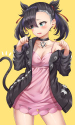 Rule 34 | 1girl, absurdres, aqua eyes, asymmetrical bangs, asymmetrical hair, black hair, black jacket, blush, breasts, cat tail, choker, contrapposto, cowboy shot, creatures (company), dress, earrings, game freak, hair ribbon, hands up, highres, jacket, jewelry, long sleeves, looking away, marnie (pokemon), nintendo, notice lines, off shoulder, open clothes, paw pose, pink dress, pokemon, pokemon swsh, red ribbon, ribbon, simple background, solo, sunhyun, tail, twintails, yellow background