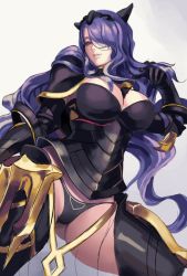 Rule 34 | 1girl, armor, black armor, black panties, breasts, camilla (fire emblem), capelet, cleavage, dantewontdie, fire emblem, fire emblem fates, gauntlets, gradient background, hair over one eye, large breasts, lips, long hair, looking at viewer, nintendo, panties, parted lips, purple eyes, purple hair, simple background, smile, solo, thighhighs, tiara, underwear, very long hair