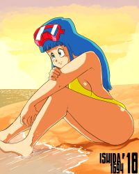 Rule 34 | 1girl, ass, beach, blue eyes, blue hair, breast press, breasts, breasts out, cleavage, cowboy shot, dragon ball, dragonball z, evening, ishida1694, large breasts, long hair, looking to the side, maron (dragon ball), matching hair/eyes, one-piece swimsuit, simple background, smile, swimsuit, wide hips, yellow one-piece swimsuit