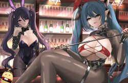 2girls absurdres animal_ears azur_lane bar_(place) bare_shoulders bikini black_gloves black_hair black_leotard blue_hair breasts cleavage detached_collar eyepatch_bikini fake_animal_ears feet_out_of_frame gloves hair_between_eyes hair_on_horn highres holding holding_whip indoors large_breasts leotard long_hair looking_at_viewer manjuu_(azur_lane) multiple_girls official_alternate_costume playboy_bunny pointy_ears purple_eyes rabbit_ears red_bikini regensburg_(azur_lane) regensburg_(the_dark_dragon&#039;s_dungeon)_(azur_lane) rei_tuki swimsuit thigh_strap twintails very_long_hair yellow_eyes z11_(azur_lane) z11_(service_sincerity_and_insolvency)_(azur_lane)