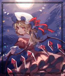 Rule 34 | 1girl, absurdres, blonde hair, cowboy shot, crystal, dress, flandre scarlet, framed, frills, from behind, hat, hat ribbon, highres, long hair, looking back, mob cap, night, pointy ears, red dress, red eyes, red ribbon, ribbon, shi chimi, short sleeves, side ponytail, solo, touhou, white hat, wings, wrist cuffs