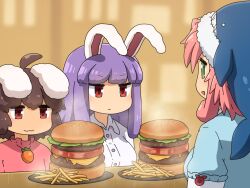 Rule 34 | 3girls, animal ears, animal hat, blue shirt, brown hair, burger, carrot necklace, closed mouth, commentary request, dress, floppy ears, food, french fries, green eyes, hat, inaba tewi, jewelry, long hair, multiple girls, necklace, okunoda miyoi, open mouth, pendant, pink dress, pink hair, plate, purple hair, rabbit ears, red eyes, reisen udongein inaba, shirosato, shirt, short hair, touhou, whale hat, white shirt