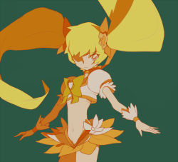 Rule 34 | 10s, 1girl, bow, brooch, cure sunshine, green background, heart, heart brooch, heartcatch precure!, jewelry, magical girl, midriff, moudoku (decopon3rd), myoudouin itsuki, orange bow, orange skirt, precure, simple background, skirt, solo, twintails, yellow bow