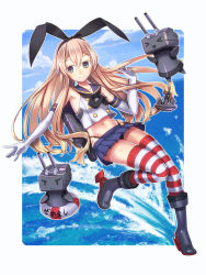 Rule 34 | &gt;:3, &gt; &lt;, 10s, 1girl, :3, anchor, bad id, bad pixiv id, black eyes, blonde hair, blush, boots, closed eyes, elbow gloves, gloves, hair ornament, hairband, highres, kantai collection, lifebuoy, long hair, navel, ocean, panties, pantyshot, rensouhou-chan, shimakaze (kancolle), skirt, smile, solo, striped clothes, striped thighhighs, swim ring, thighhighs, underwear, upskirt, v-shaped eyebrows, water, yukimura tsubame