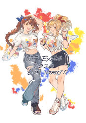 Rule 34 | 2girls, absurdres, alternate costume, arm up, beatrix (granblue fantasy), black shorts, blonde hair, blue bow, blue eyes, blue nails, bow, bracelet, braid, breasts, brown hair, commentary request, contemporary, dated, denim, dolphin shorts, full body, granblue fantasy, green eyes, hair bow, high heels, highres, holding, holding towel, jeans, jewelry, long hair, looking at viewer, looking to the side, medium breasts, midriff, multiple girls, navel, one eye closed, open mouth, pants, ponytail, print shirt, red bow, red nails, shimatani azu, shirt, shorts, single braid, smile, teeth, tied shirt, toeless footwear, torn clothes, torn pants, towel, white shirt, zeta (granblue fantasy)