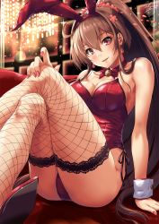 Rule 34 | 1girl, ahoge, animal ears, arm support, artist name, ass, bare shoulders, blush, breasts, brown hair, cleavage, collarbone, commentary request, couch, crossed legs, detached collar, earrings, fake animal ears, fingernails, fishnet thighhighs, fishnets, hair intakes, hand on own knee, highres, indoors, jewelry, kantai collection, large breasts, leotard, long hair, looking at viewer, nail polish, parted lips, playboy bunny, ponytail, purple eyes, rabbit ears, red footwear, red leotard, red nails, sakiyamama, sidelocks, sitting, solo, thighhighs, very long hair, window, wrist cuffs, yamato (kancolle)