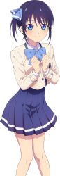 Rule 34 | 1girl, blue bow, blue bowtie, blue eyes, blue hair, blue skirt, bow, bowtie, closed mouth, cowboy shot, hair bow, highres, kanojo mo kanojo, looking at viewer, minase nagisa, miniskirt, official art, pleated skirt, school uniform, short hair, short sidetail, side ponytail, skirt, smile, solo, toyota akiko, transparent background
