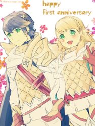 Rule 34 | 1boy, 1girl, absurdres, alfonse (fire emblem), armor, blonde hair, blue hair, blush, braid, brother and sister, cape, fire emblem, fire emblem heroes, gloves, green eyes, highres, long hair, looking at viewer, multicolored hair, nintendo, open mouth, scale armor, sharena (fire emblem), shinchinagachi, siblings, simple background, smile, translation request, white background