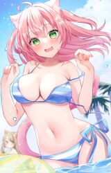 Rule 34 | 2girls, :d, ahoge, animal ear fluff, animal ears, bikini, blue bikini, blue sky, blurry, blurry background, blush, breasts, brown hair, cat ears, cat girl, cat tail, cloud, commentary request, cowboy shot, furrowed brow, green eyes, hamico, head tilt, highres, large breasts, looking at viewer, medium hair, multicolored bikini, multicolored clothes, multiple girls, navel, open mouth, original, outdoors, palm tree, pink hair, pink innertube, sky, smile, solo focus, strap slip, striped bikini, striped clothes, sweatdrop, swimsuit, tail, transparent beachball, tree, two side up, w arms, water, water drop, wavy mouth, white bikini