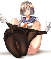 Rule 34 | 1girl, blue eyes, feet, foot focus, hair ornament, hair over one eye, hairclip, hamakaze (kancolle), highres, kantai collection, looking at viewer, pantyhose, pov, silver hair, soles, toes