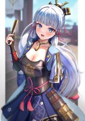 Rule 34 | 1girl, :d, arm behind back, armor, ayaka (genshin impact), blue eyes, blunt bangs, breastplate, breasts, cleavage, desire (tbot7), faulds, floating hair, flower knot, folding fan, genshin impact, hair ornament, hakama, hakama skirt, hand fan, hand up, highres, holding, holding fan, japanese armor, japanese clothes, jewelry, long hair, looking at viewer, medium breasts, mole, mole under eye, neck ring, open mouth, pillarboxed, ponytail, skirt, smile, solo, tassel, very long hair, white hair