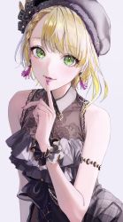 Rule 34 | 1girl, bare shoulders, beret, black dress, blonde hair, cleavage, dress, earrings, finger to mouth, green eyes, hat, highres, idolmaster, idolmaster cinderella girls, idolmaster cinderella girls starlight stage, jewelry, light blush, lips, looking at viewer, magako, miyamoto frederica, parted lips, see-through, see-through cleavage, short hair, simple background, smile, solo, tassel, tassel earrings, upper body, white background