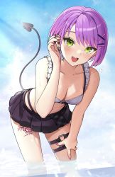 Rule 34 | 1girl, :d, absurdres, bare arms, bare shoulders, bent over, bikini, black skirt, blue sky, breasts, cleavage, commentary request, crop top, day, demon girl, demon tail, ear piercing, green eyes, hair ornament, hairclip, hand on own thigh, highres, hololive, leaning forward, leg tattoo, looking at viewer, medium breasts, miniskirt, nail polish, navel, o-ring, o-ring thigh strap, open mouth, outdoors, piercing, pink nails, pleated skirt, purple hair, revision, short hair, skirt, sky, smile, solo, standing, swimsuit, tail, tail ornament, tail piercing, tail raised, tate yukimi, tattoo, thigh strap, thighs, tokoyami towa, tokoyami towa (jirai kei), virtual youtuber, wading, water, wet, white bikini, x hair ornament